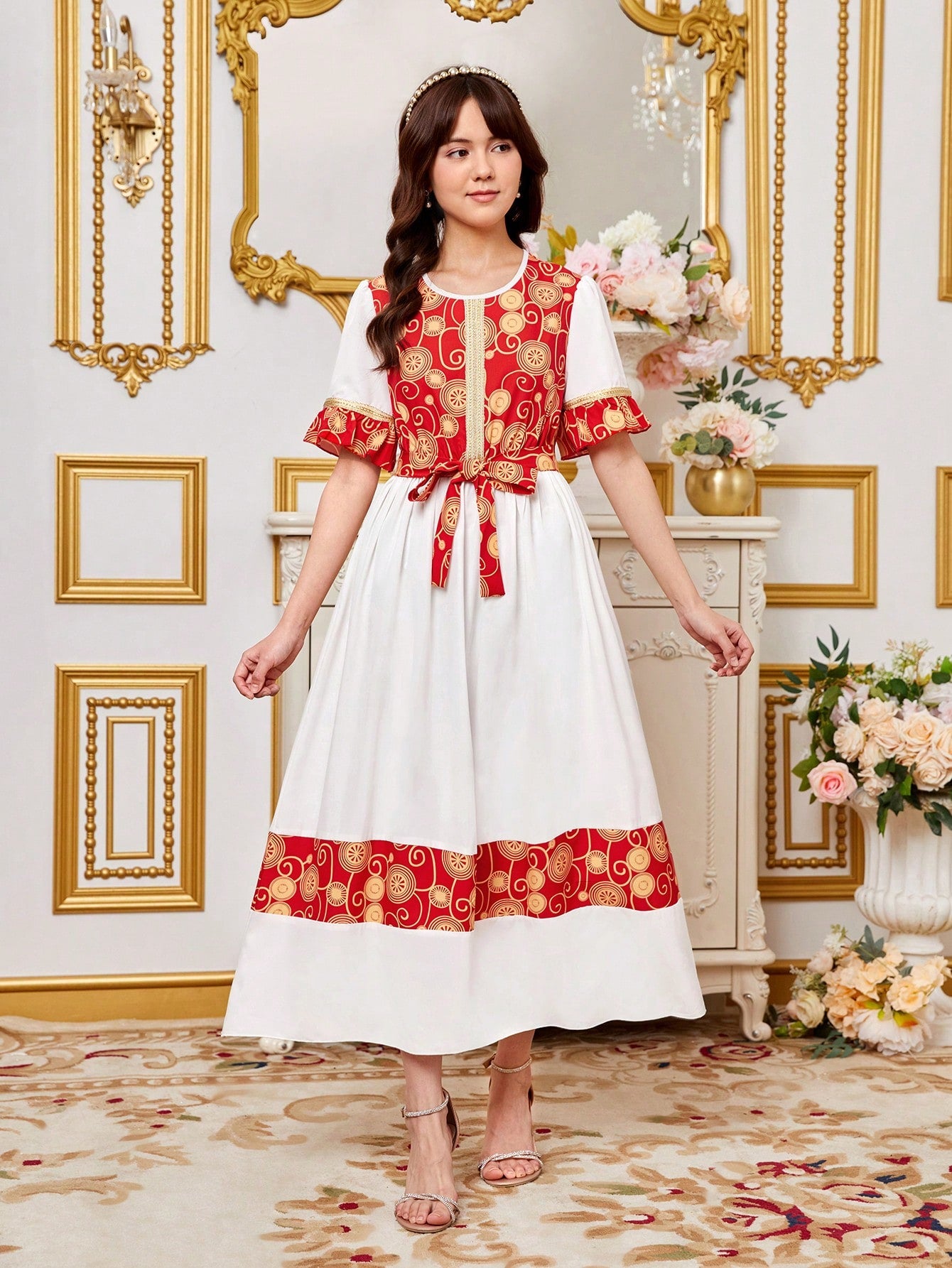 Teen Girl Printed Patchwork Ruffle Sleeve Long Dress Church Dresses