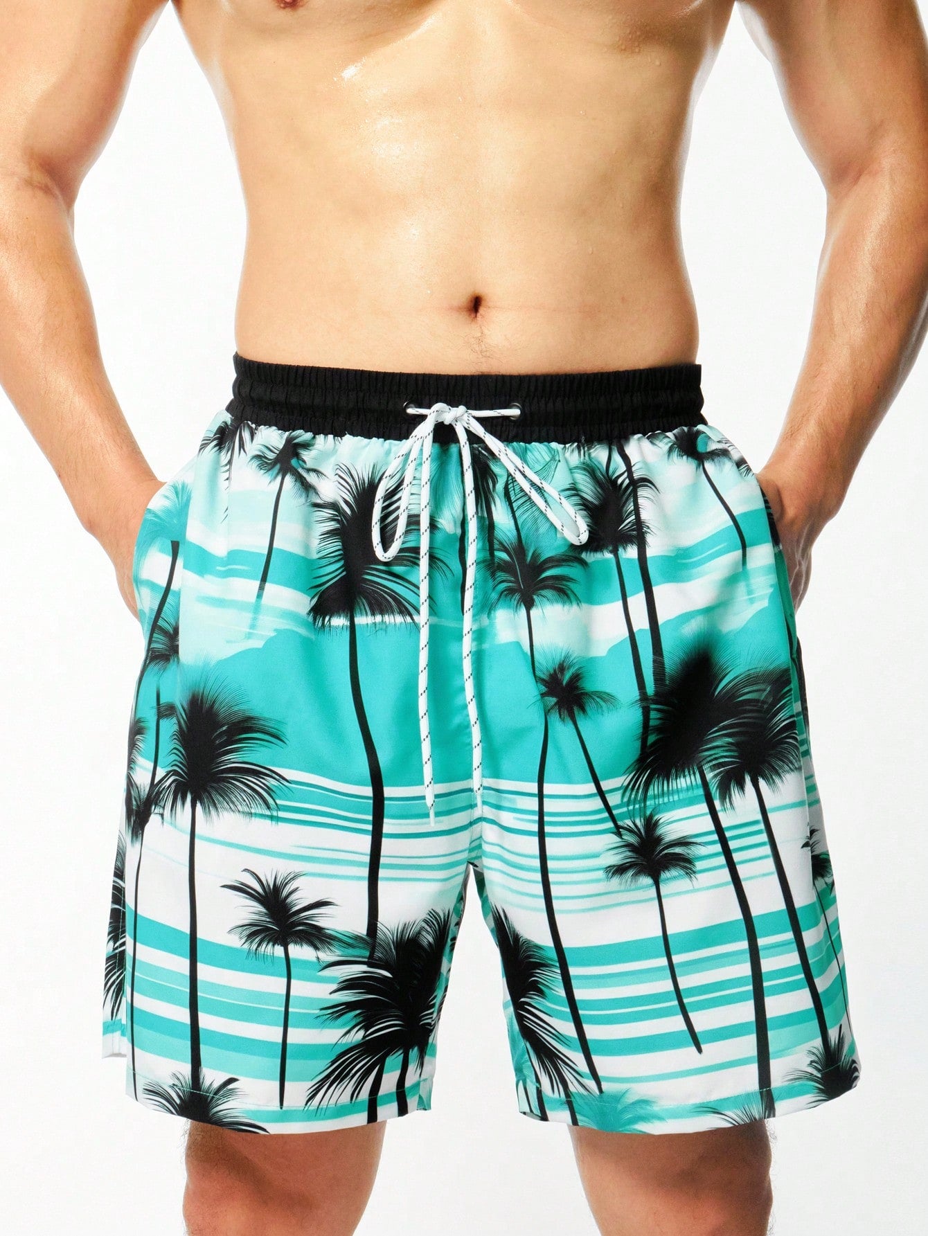 Men's Coconut Tree Printed Drawstring Waist Beach Shorts