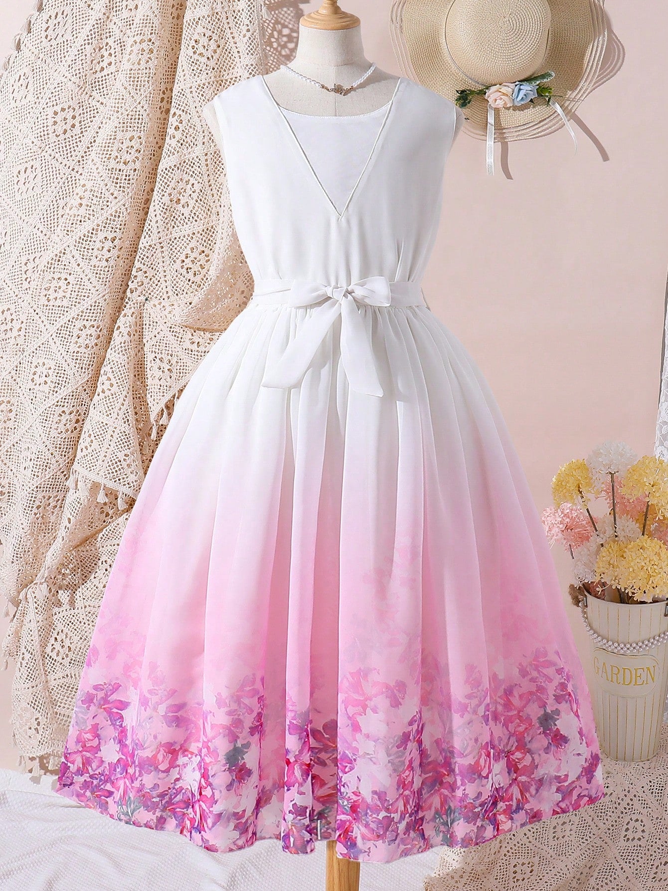 Tween Girl Purple Floral Print Chiffon Ball Gown Dress With Belt