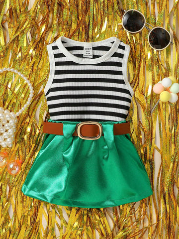 Baby Girls' Street Style Knitted Striped Vest Top And Glossy Waist Belted Shorts, Spring/Summer