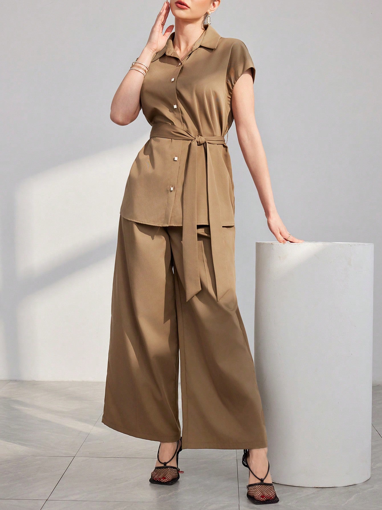 Women's Solid Color Batwing Sleeve Shirt And Wide-Leg Pants Two Piece Set