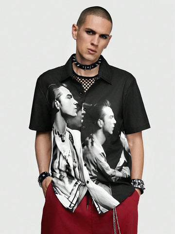 Men's Portrait Printed Short Sleeve Woven Shirt, Suitable For Daily Wear In Spring And Summer