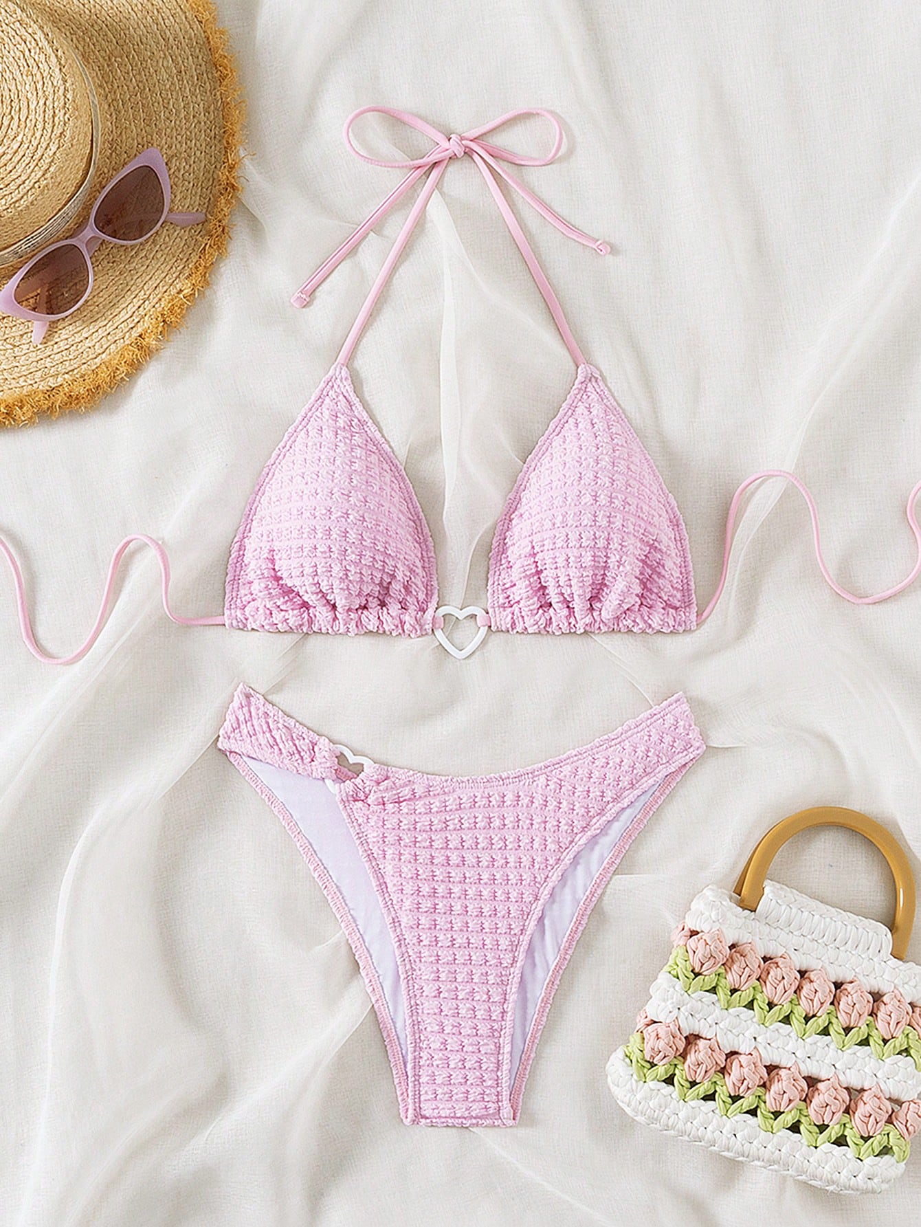 Solid Color Textured Heart Ring Detail Halter Bikini Set