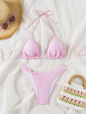 Solid Color Textured Heart Ring Detail Halter Bikini Set