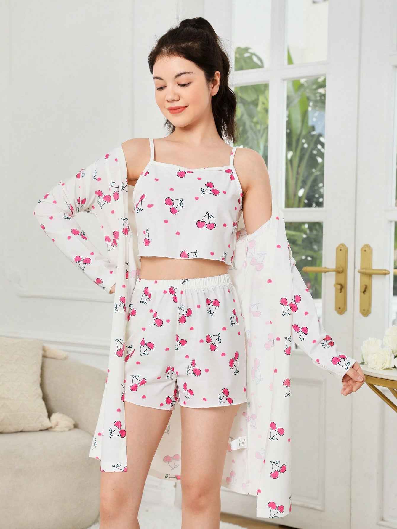 3pcs/Set Teen Girls' Cherry Print Cami Top + Shorts + Long Sleeve Robe Combination Homewear