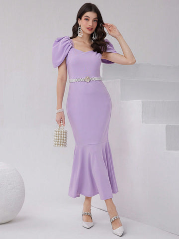 Solid Color Sweetheart Neckline Fish Tail Hem Dress