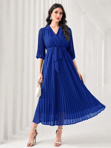 Royal Blue Turn-Down Collar Waist-Tightening Lantern Sleeve Dress,For Spring,Summer