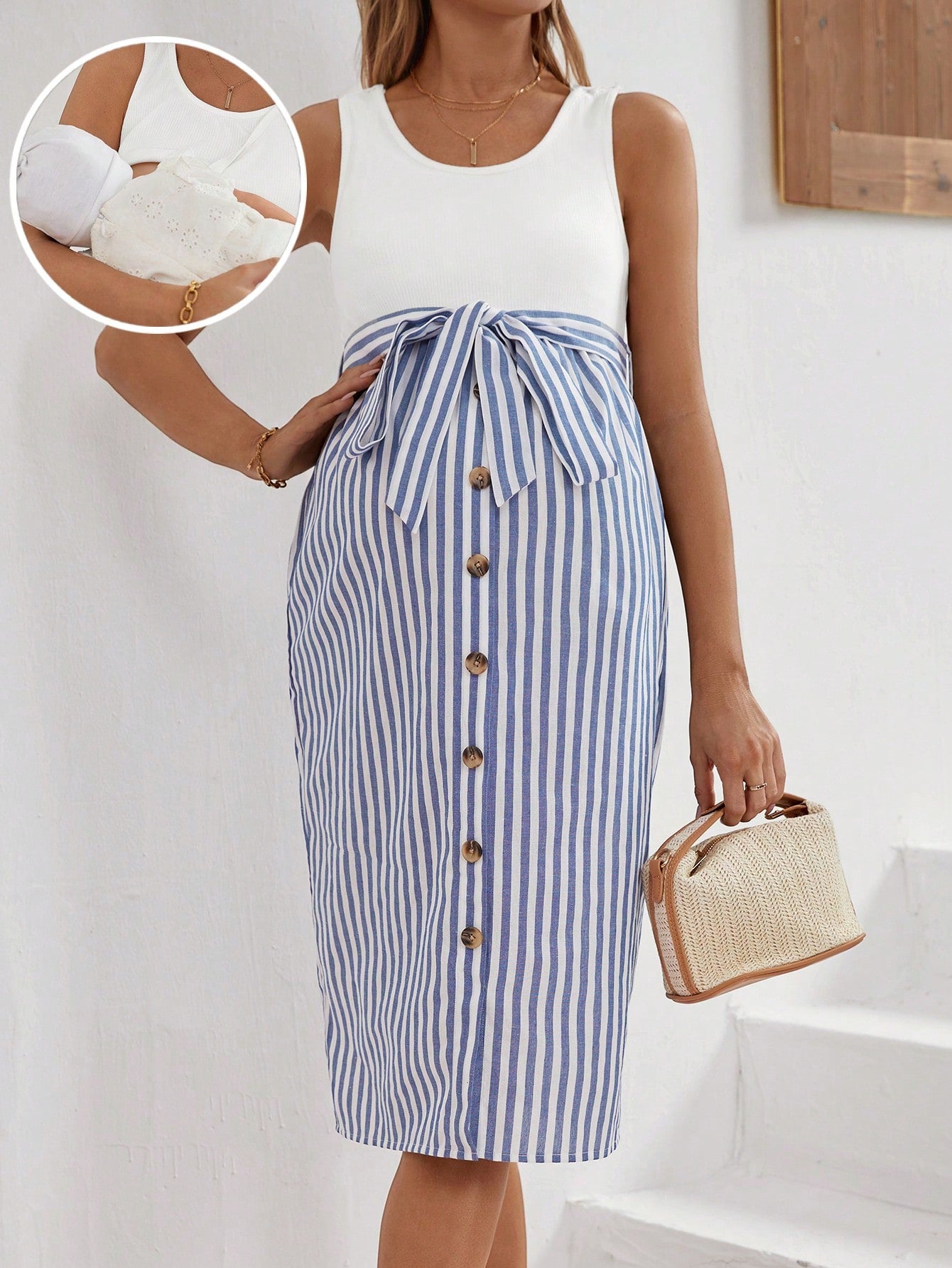 Maternity Striped Sleeveless Nursing Dress