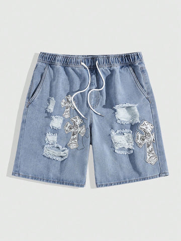 Men's Cross Print Denim Shorts Suitable For Daily Wear In Spring And Summer