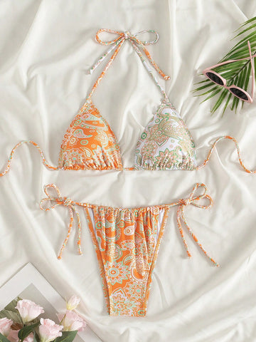 Women's Random Printed Knot & Side Tie Bikini Set, String Bikini Swimwear Bathing Suit Beach Outfit Summer Vacation