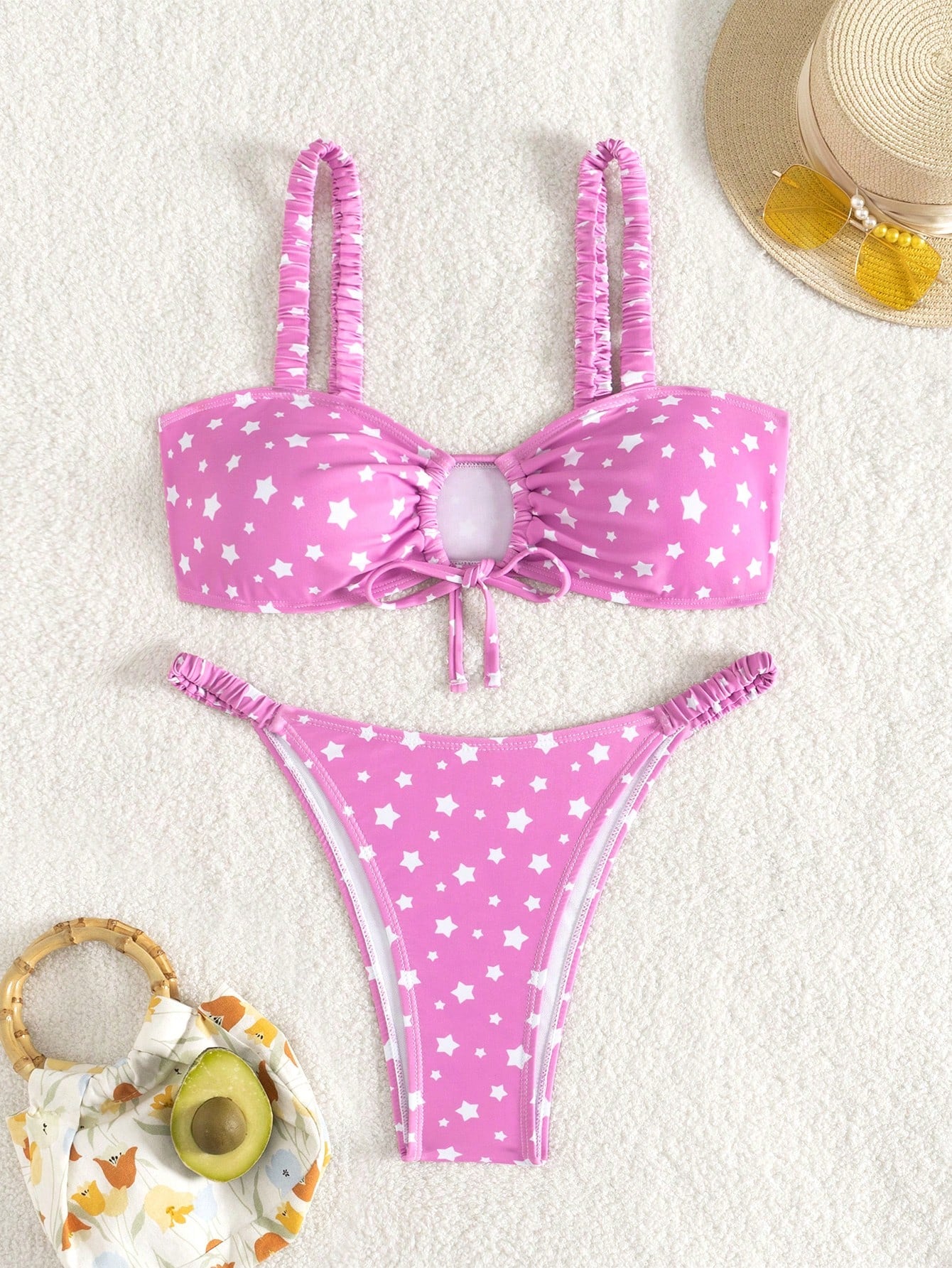 Star Printed Split Swimsuit Set, String Bikini Swimwear Bathing Suit Beach Outfit Summer Vacation