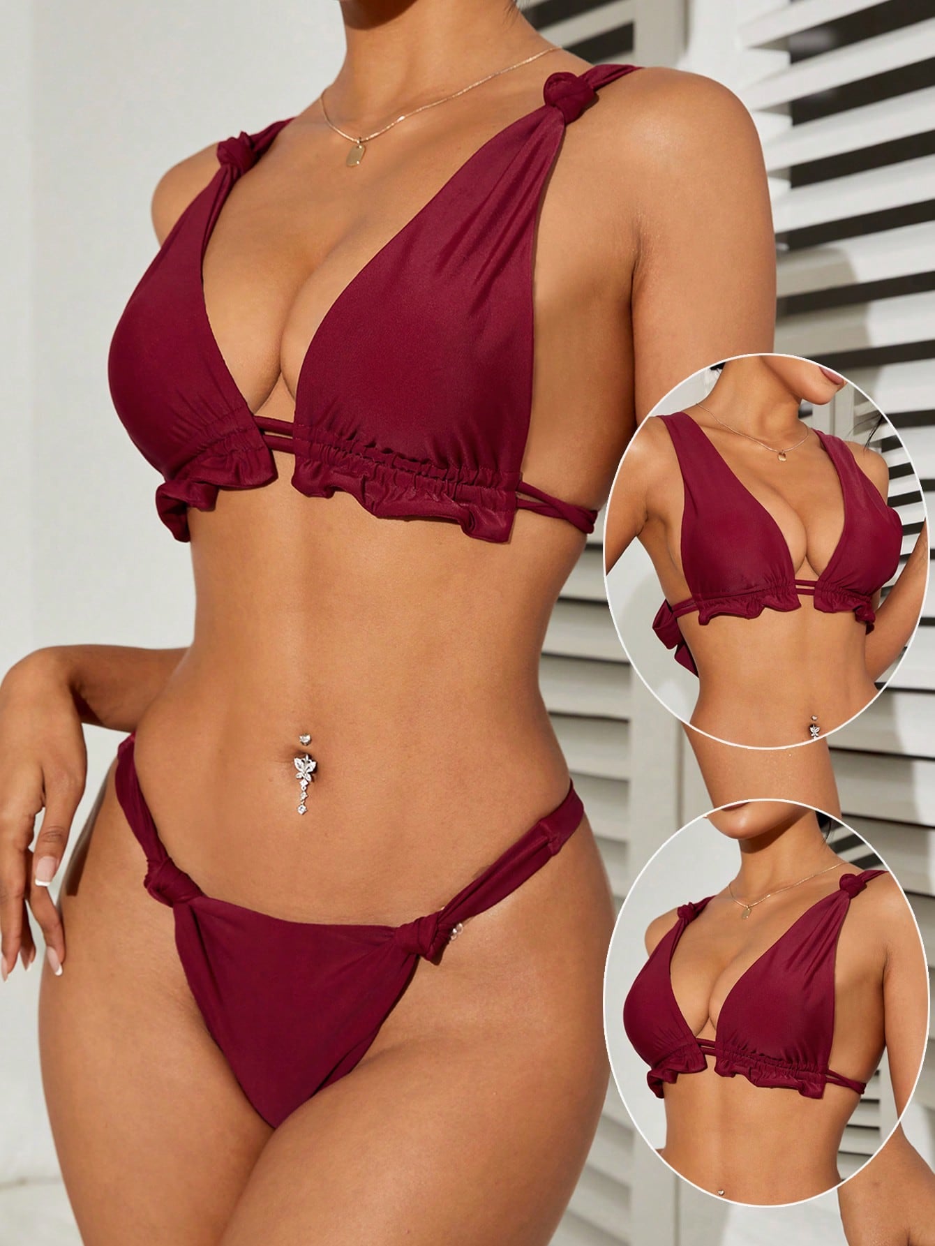 Ladies' Solid Color Swimsuit Set With Frill Details And Back-Tie Knot Design