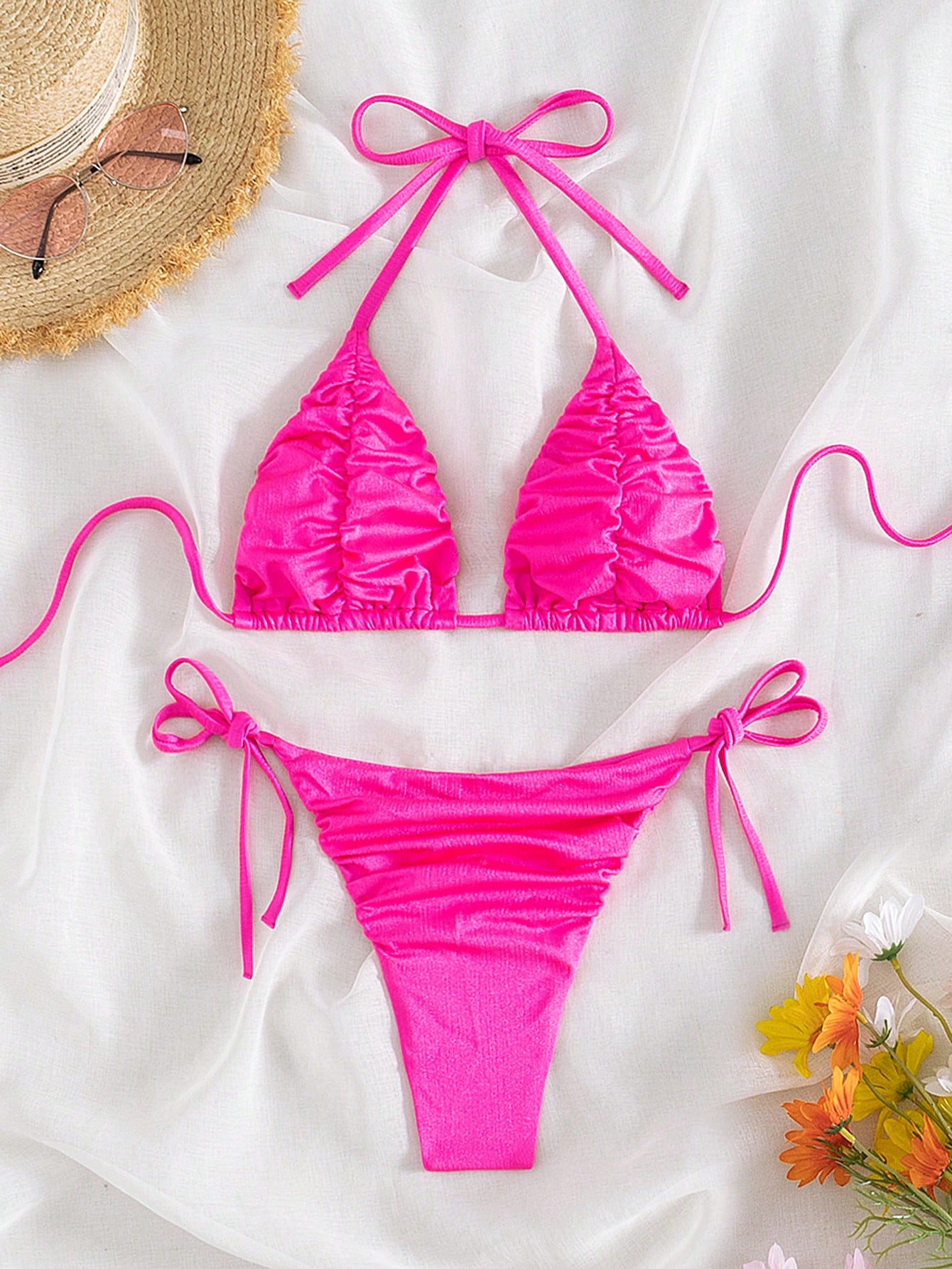 Solid Color Textured Halter Neck Bikini Set Swimwear