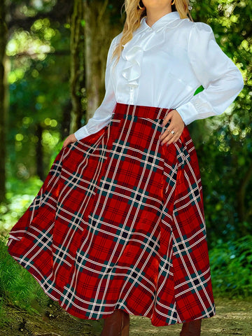 Women's Plus Size Checkered Elastic Waist A-Line Skirt