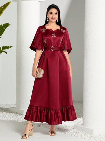 Women's Floral Embroidery Sweetheart Neck Flutter Sleeve Arab Style Dress