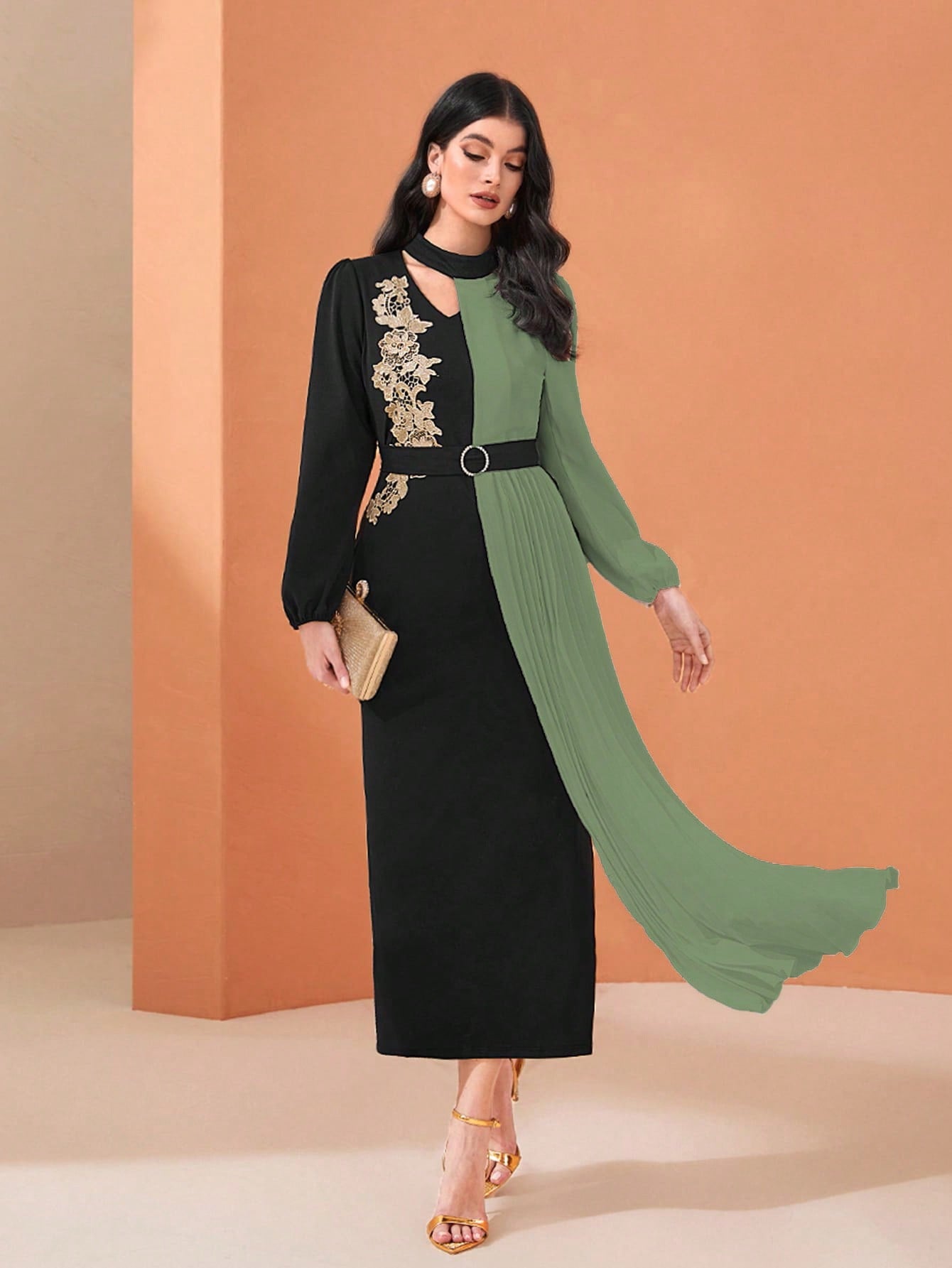 Color Block Hollow Out Flower Embroidery Slit Dress