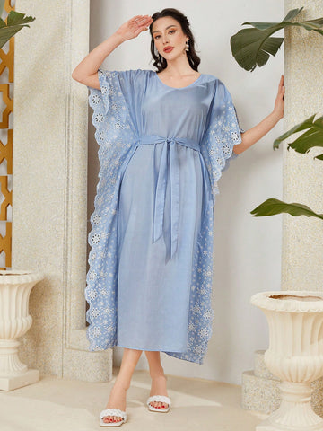 Floral Print Loose Round Neck Batwing Sleeve Kaftan