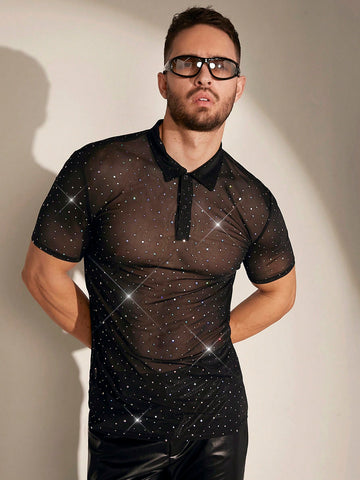 Men's Knitted Diamond-Studded Button Half-Open Casual Polo Shirt