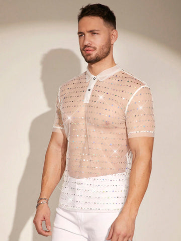 Men's Rhinestone Embellished Knit Casual Polo Shirt