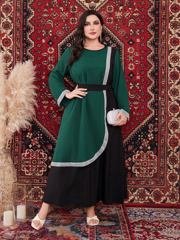 Plus Size Women's Colorblock Long Sleeve Round Neck Arabic Abaya Dress