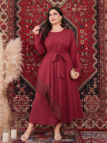 Plus Size Solid Color Fringe Decorated Dress