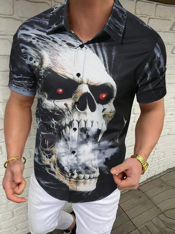 Men's Skull Printed Button-Down Short Sleeve Shirt