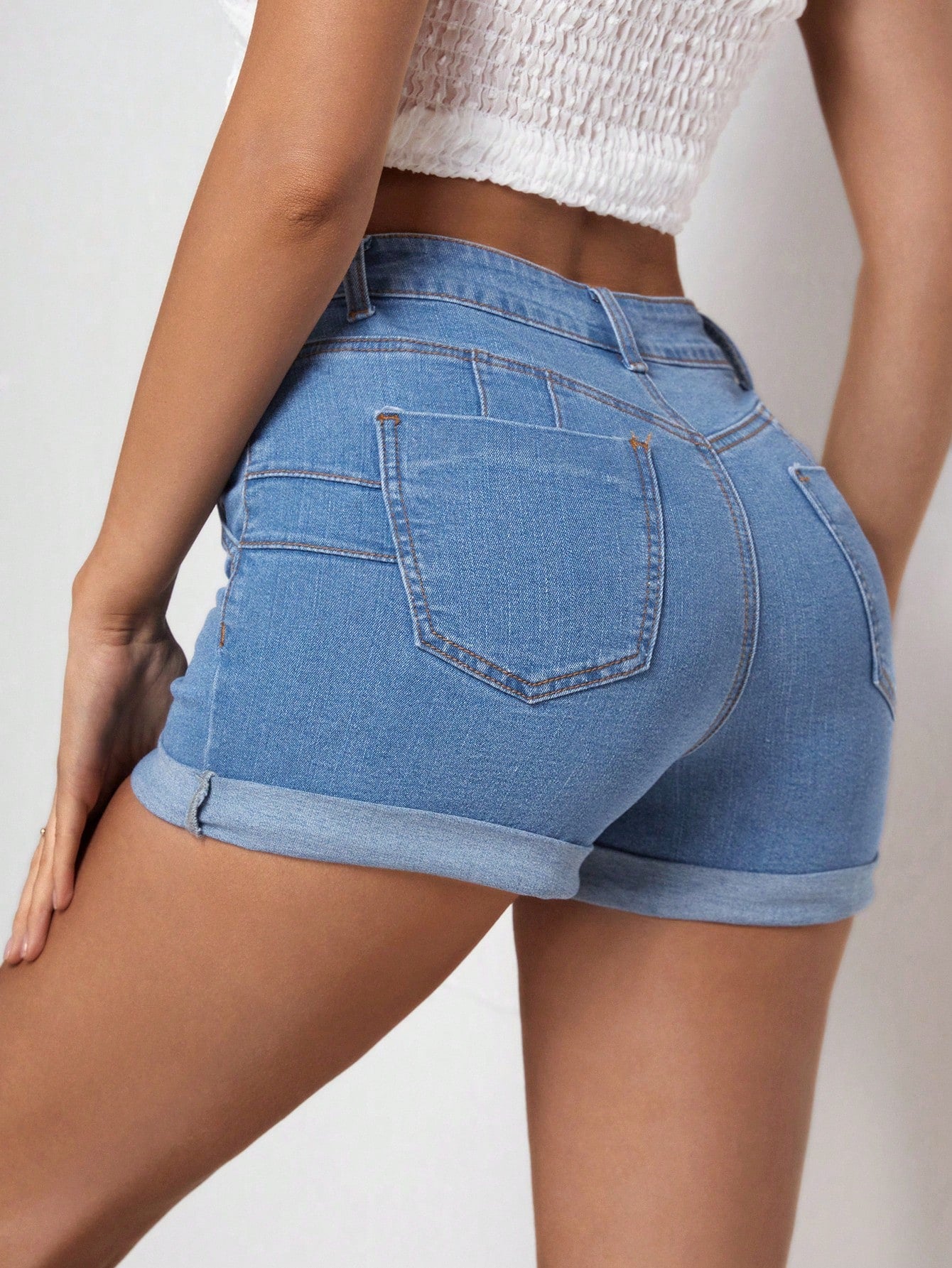 Solid Color Skinny Denim Shorts With Slanted Pockets And Rolled Hem