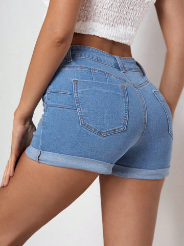 Solid Color Skinny Denim Shorts With Slanted Pockets And Rolled Hem