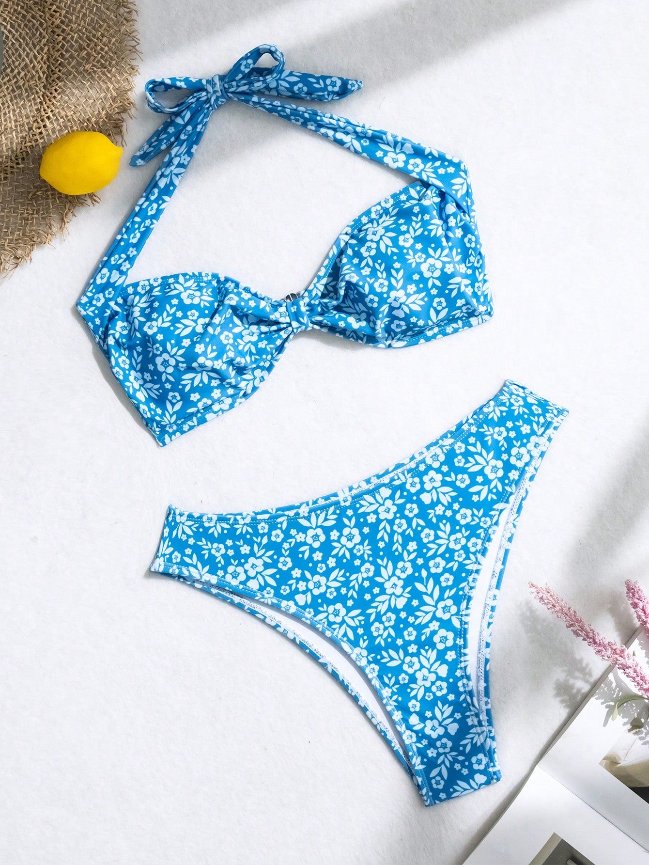 Floral Print Halter Neck Bikini Set With Separated Swimsuit, Two Piece Swimwear Bathing Suit Beach Outfit Summer Vacation