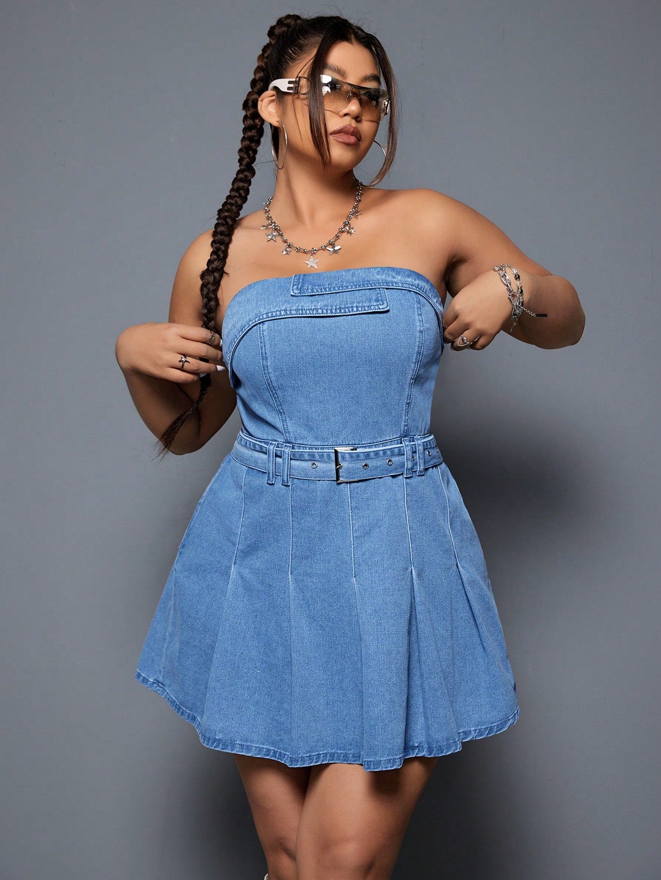 Plus Size Strapless Tight Denim Dress With Pleated Hem