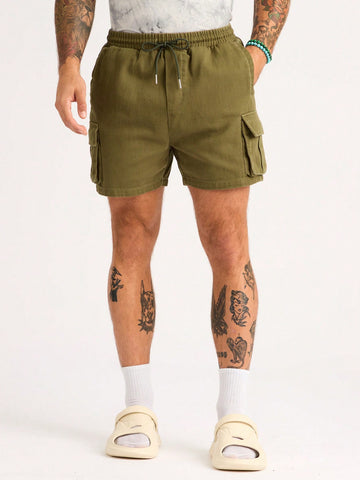 Men's Green Elastic Waist Cargo Shorts With Washed-Out Look, Multiple Pockets