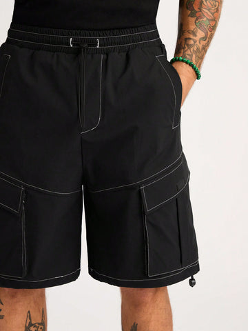 Men's Black Elastic Cargo Pocket Sports Shorts