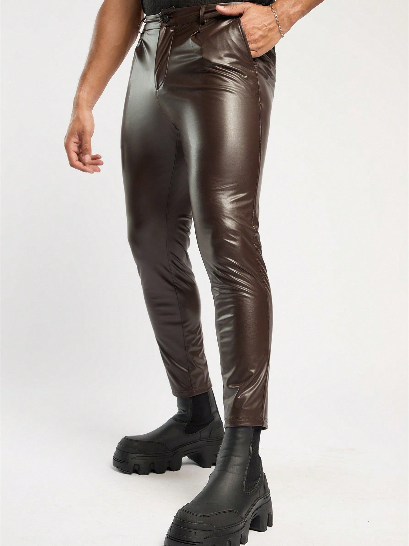 Men's Brown Tight-Fitting Pu Leather 9/10 Pants