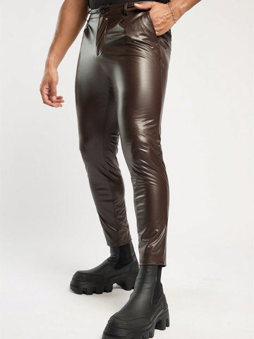 Men's Brown Tight-Fitting Pu Leather 9/10 Pants