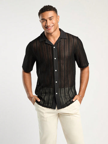 F21 Forever 21 X Shein Men's Spring And Summer Casual Vacation Fit Black Jacquard Mesh Shirt