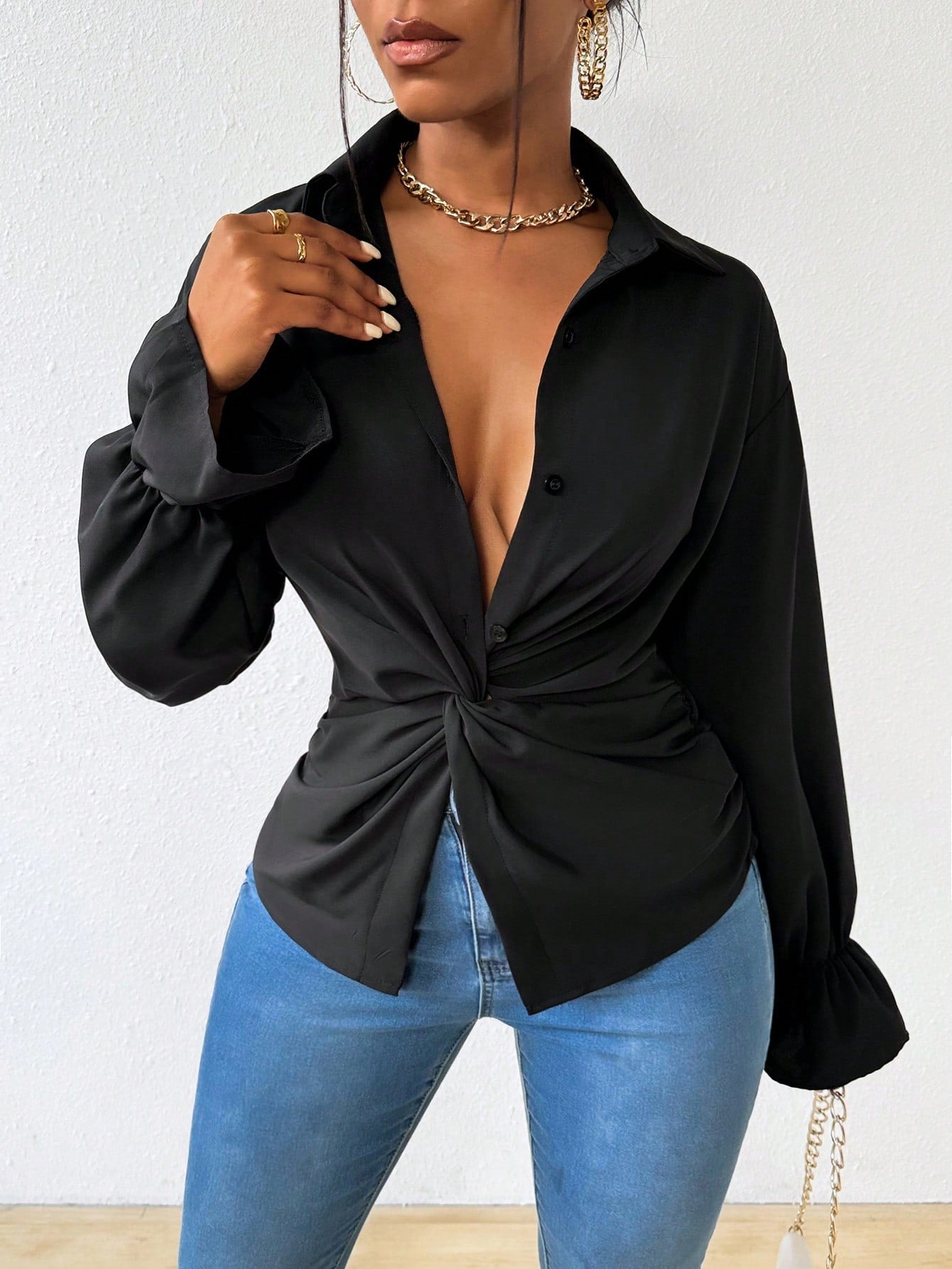 Women Spring Blouses Solid Color Long Sleeve Waist-Twist Shirt