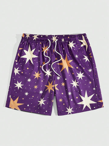 Men's Purple Star Print Drawstring Waist Shorts For Summer