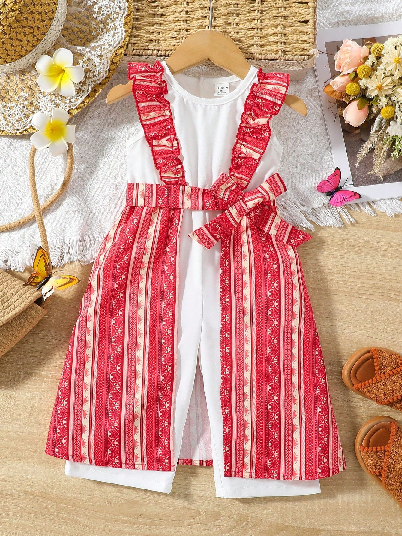 Baby Girls' Summer New Arrival Retro Floral Print Spliced Wide-Leg Jumpsuit Matching Waist Belt 2pcs/Set