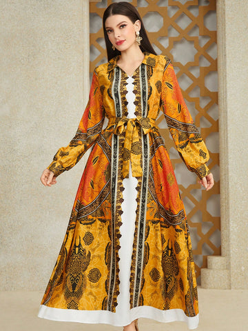 Women's Vintage Printed Lantern Sleeve Dress