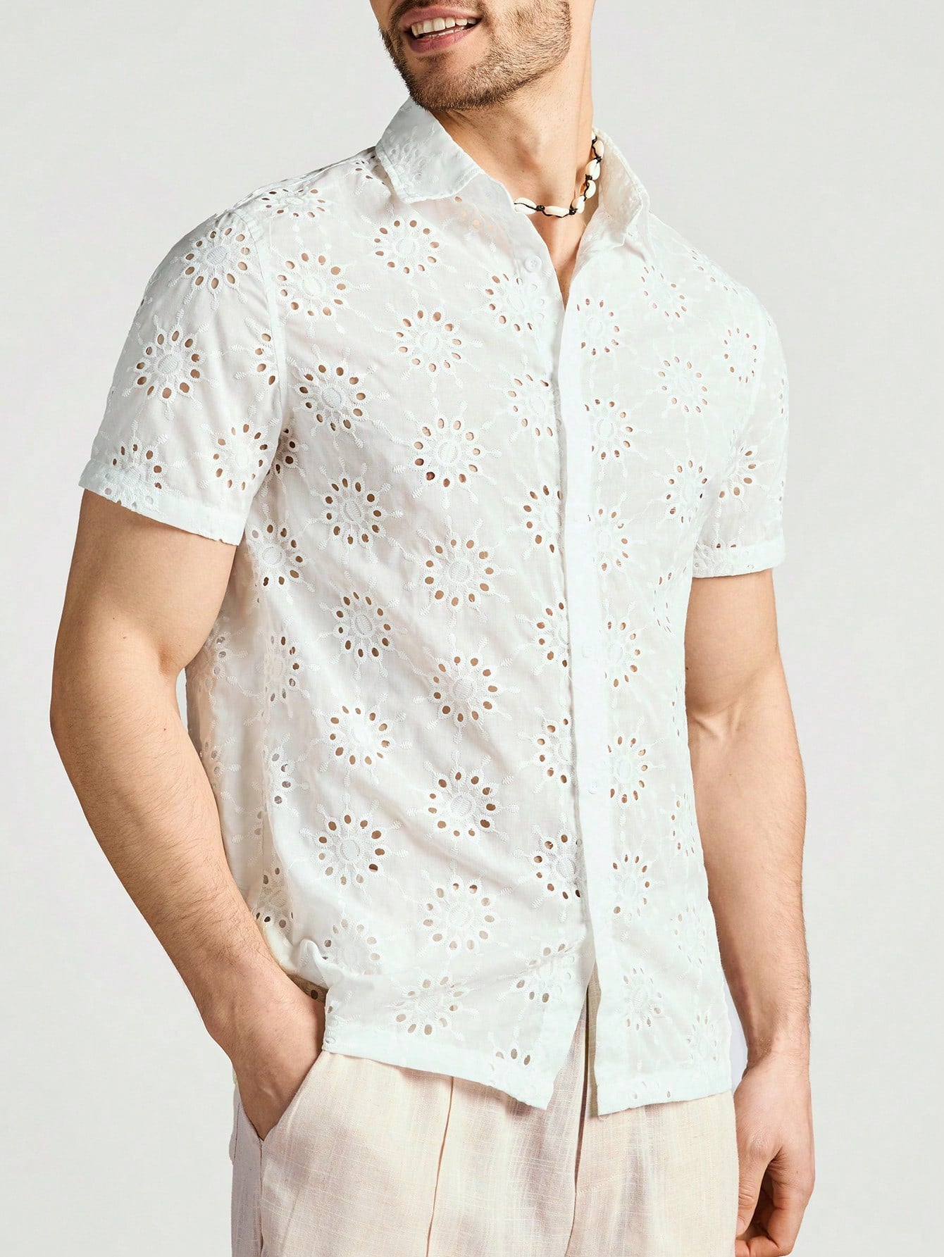 Men's White Hollow Out Embroidered Casual Shirt For Spring, Summer