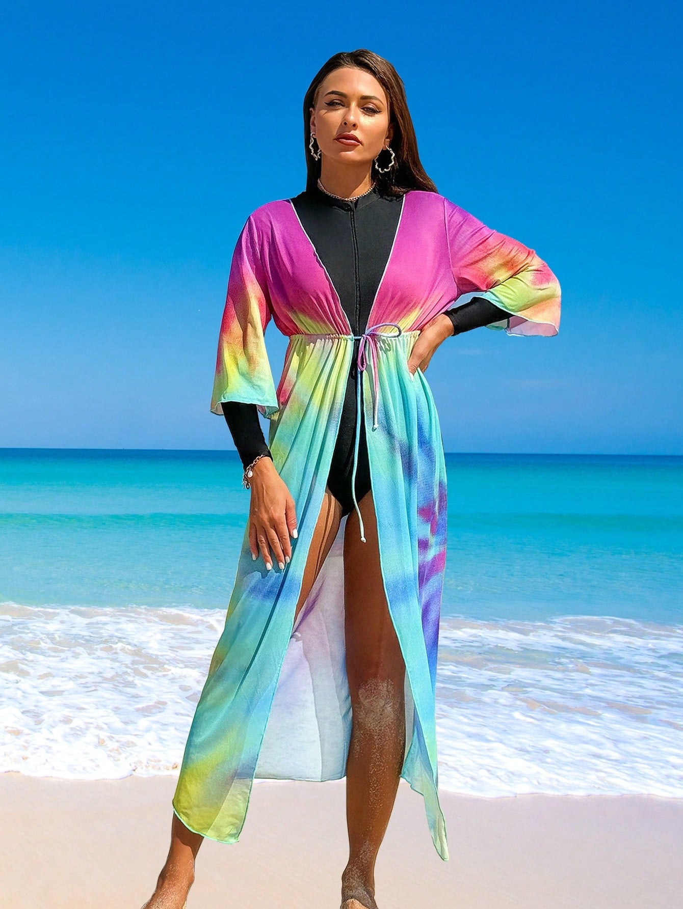 Women's Black One Piece Swimsuit And Tie Dye Mesh Cover Up, For Summer, Beach, Vacation, Travel, Festival, Swimming Pool, Surfing