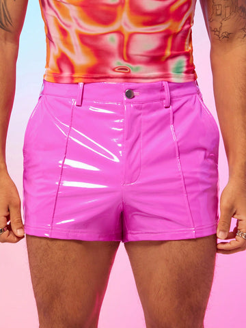 Men's Pink Faux Leather Shorts With Pockets