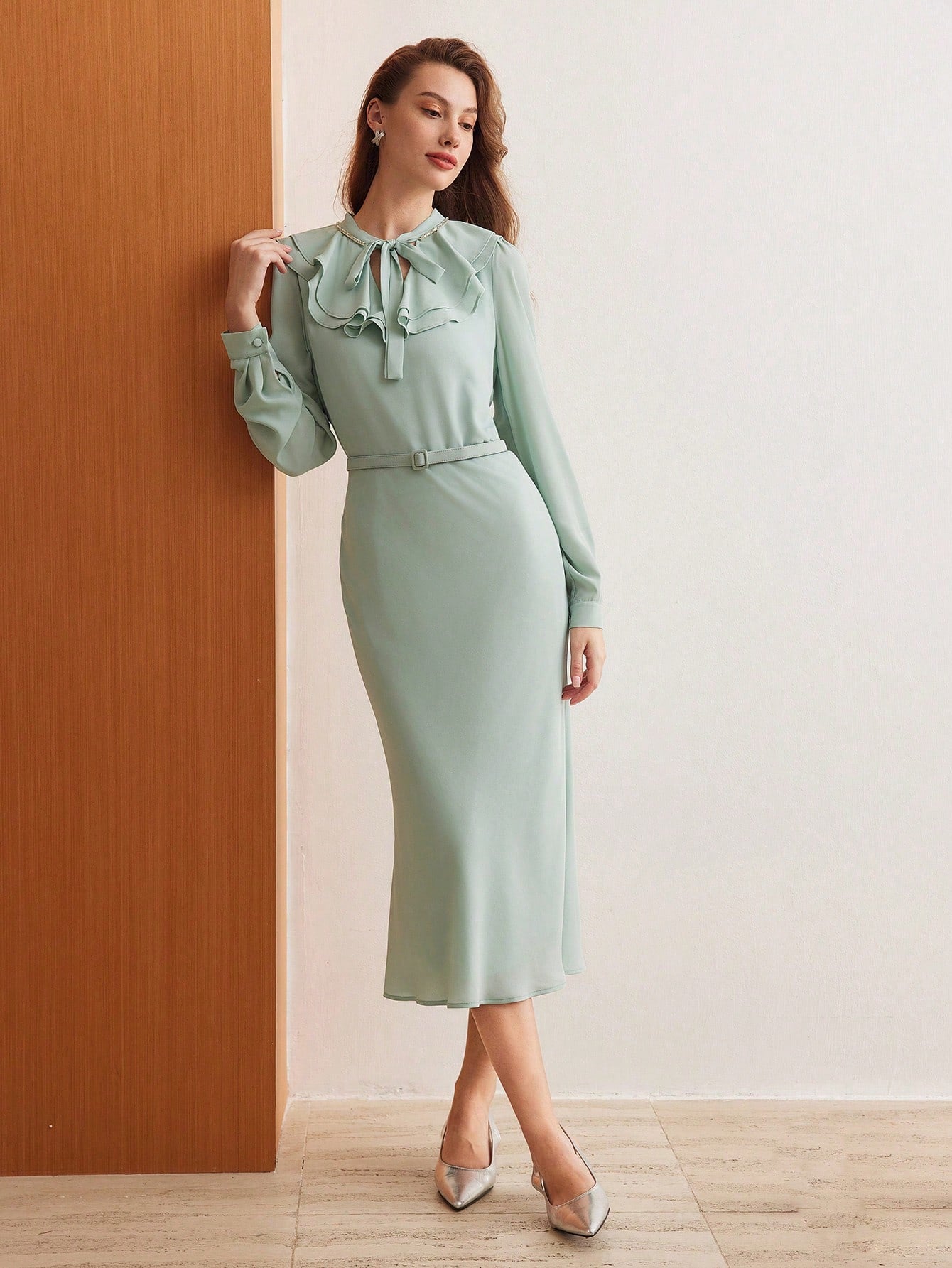 TIE NECK LANTERN SLEEVE RUFFLE TRIM DRESS