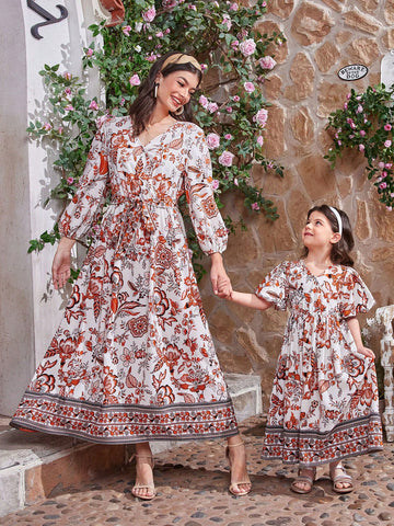 Women's Floral Print Lantern Sleeve Arabian Style Dress With Cinching Waist