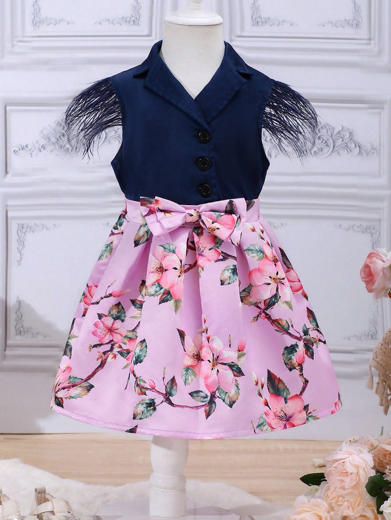 Young Girls' Feather Patchwork Palace Style Gorgeous Shirt And Floral Printed Skirt 2pcs/Set