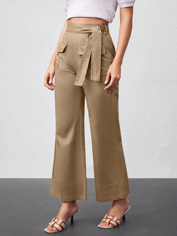 Women's High Waist Tie Front Workwear Pocket Trousers