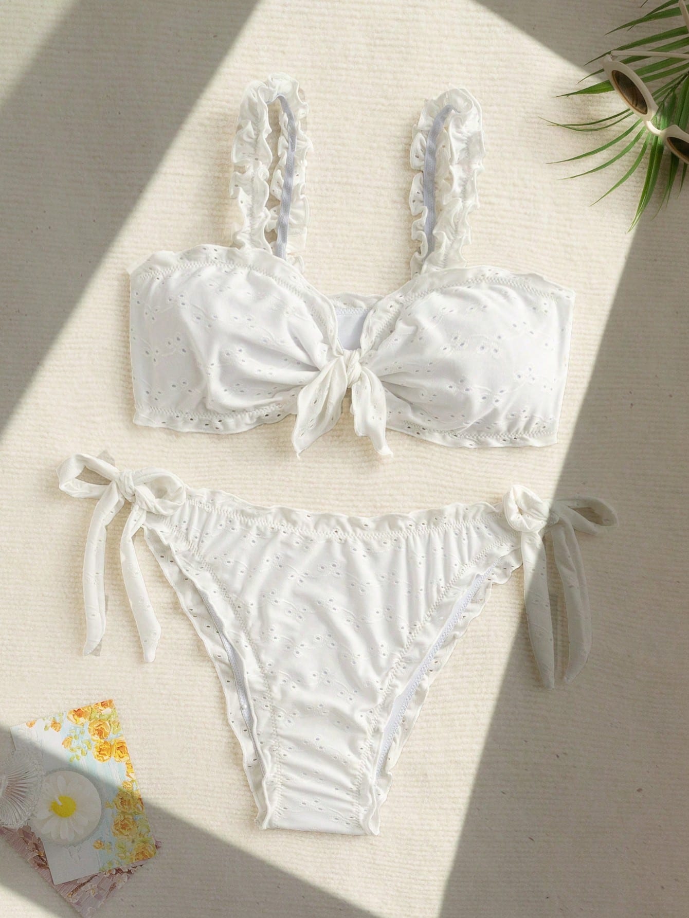 Hollow Out Embroidery Frill Edge Bikini Set With Accessories Set