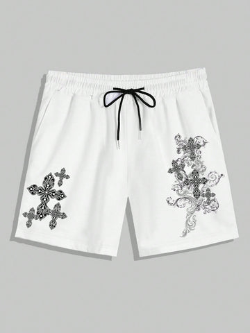 Men's Drawstring Waist Shorts With Cross Printed Pattern