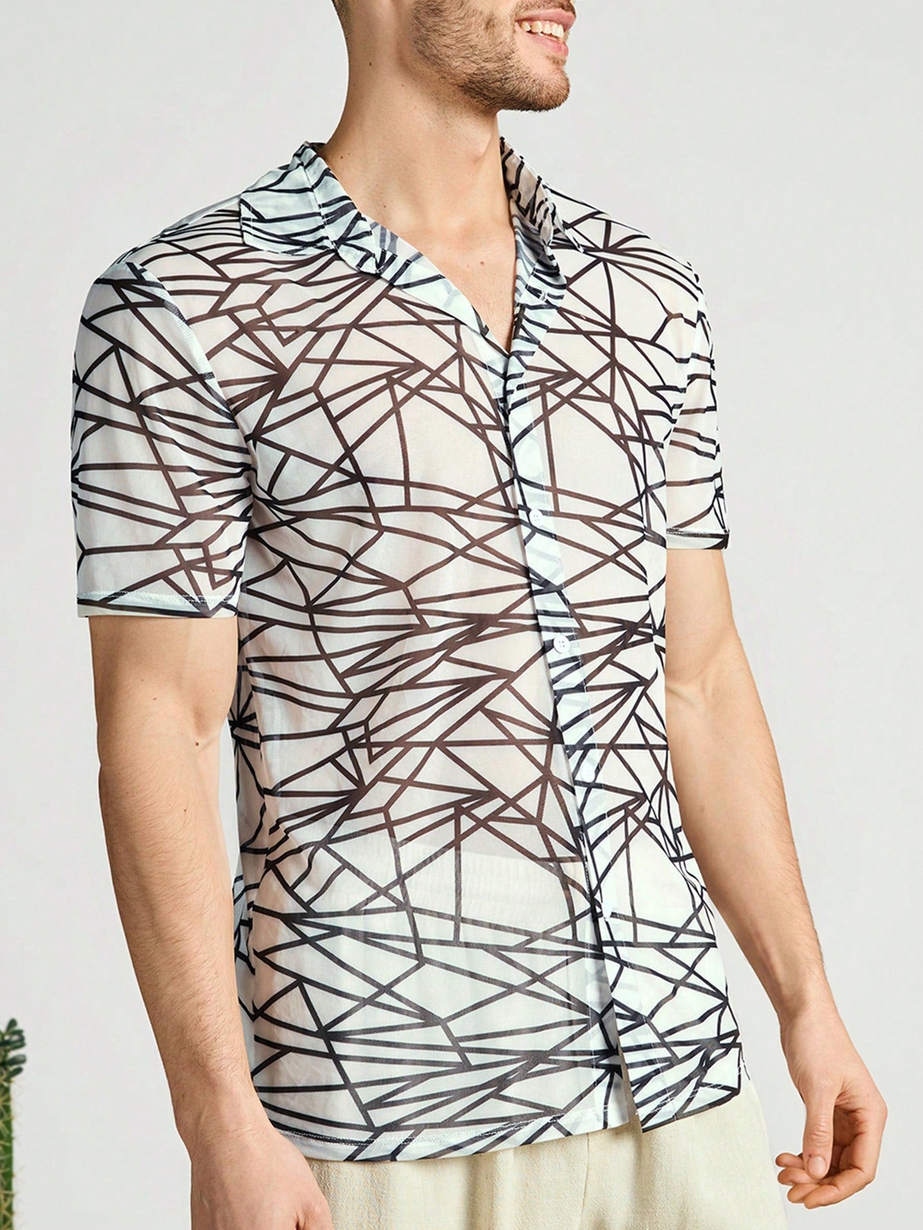 Men Knitted Geometric Printing Casual Mesh Turn-Down Collar Short Sleeve Shirt For Summer