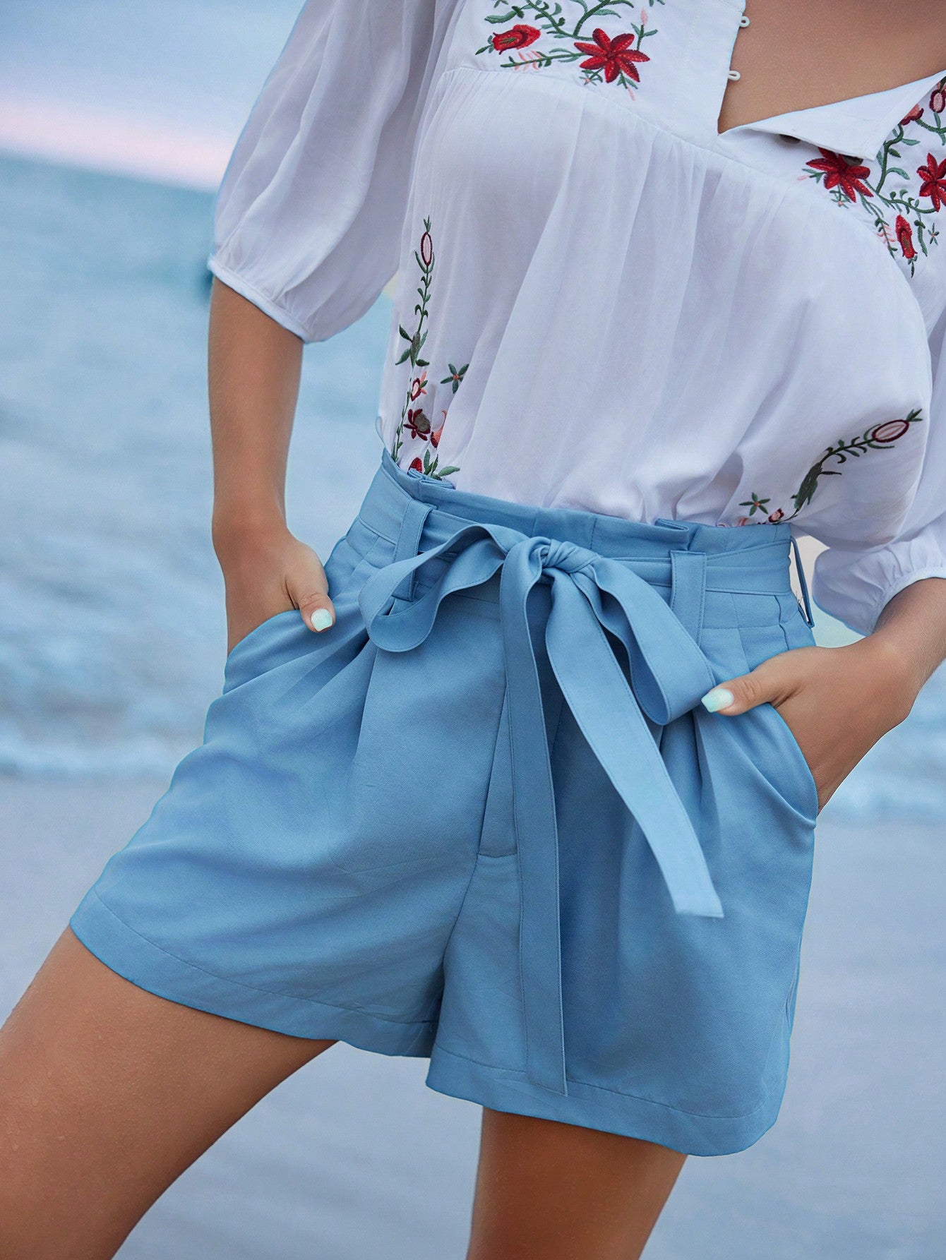 Solid Color Casual Shorts With Detachable Belt